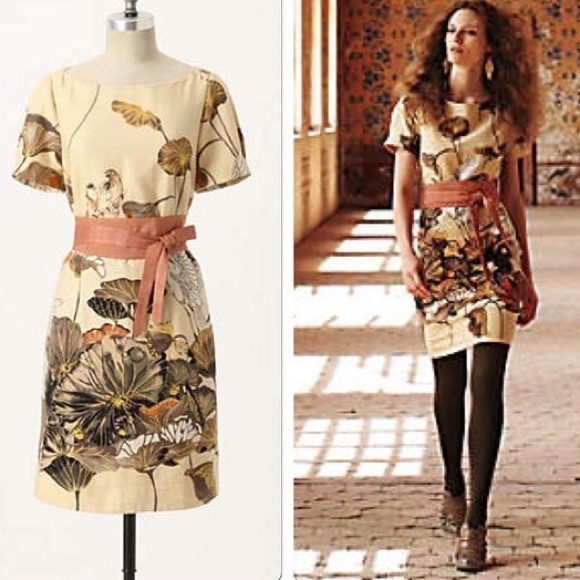 Anthropologie Floreat Snowy Egret Bird Shift Dress NO BELT 12 - Picture 2 of 11